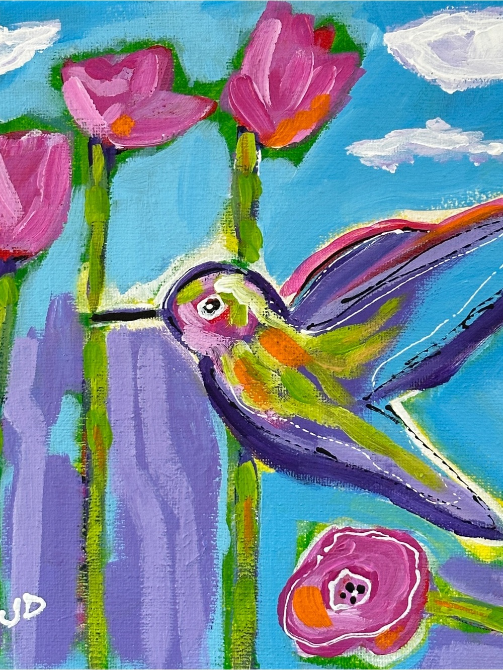 Original Colorful Hummingbird Bird Painting 8x8” Canvas  - Pink & Purple
